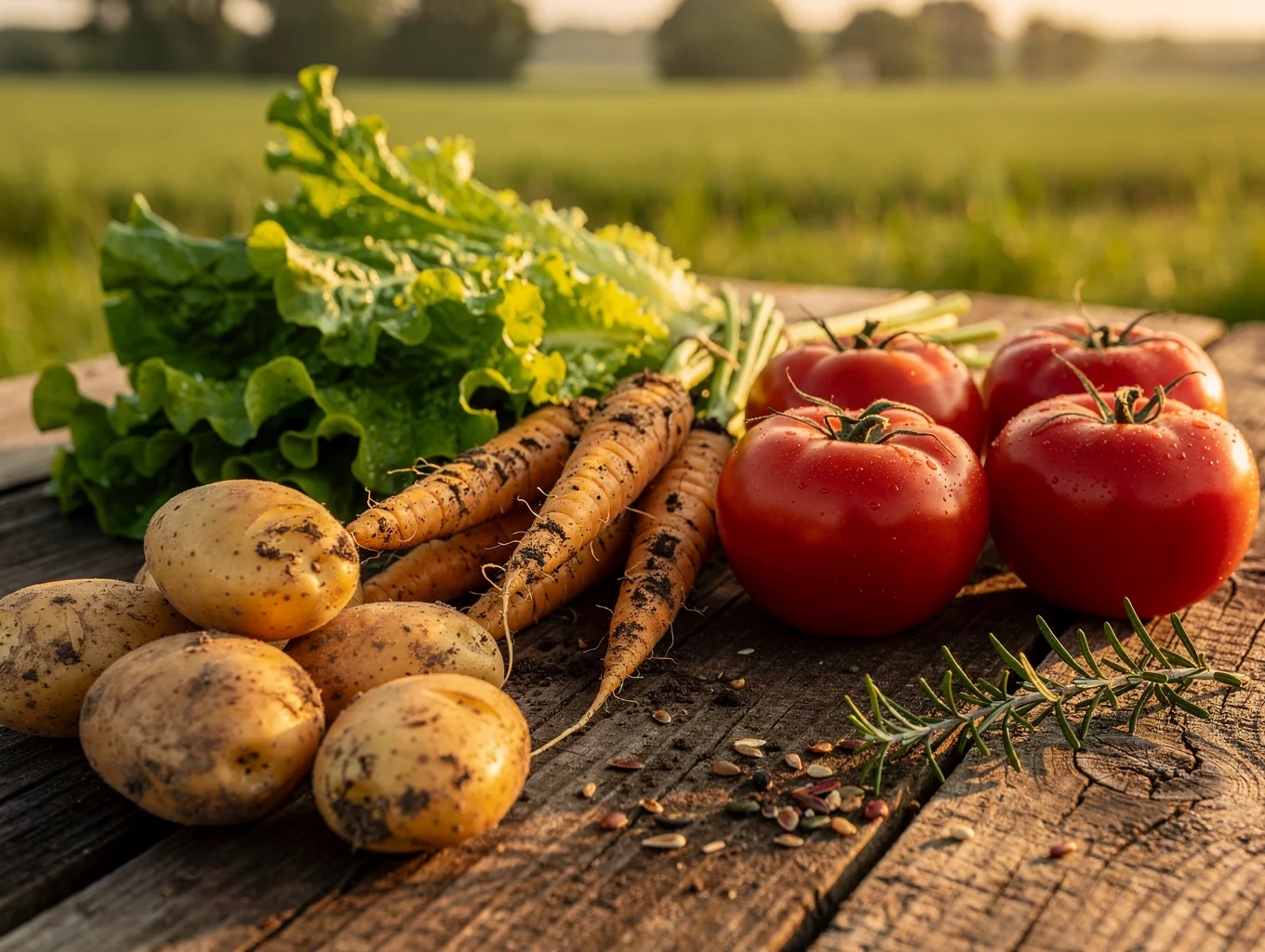 Fresh seasonal produce on a rustic wooden table at the bistro