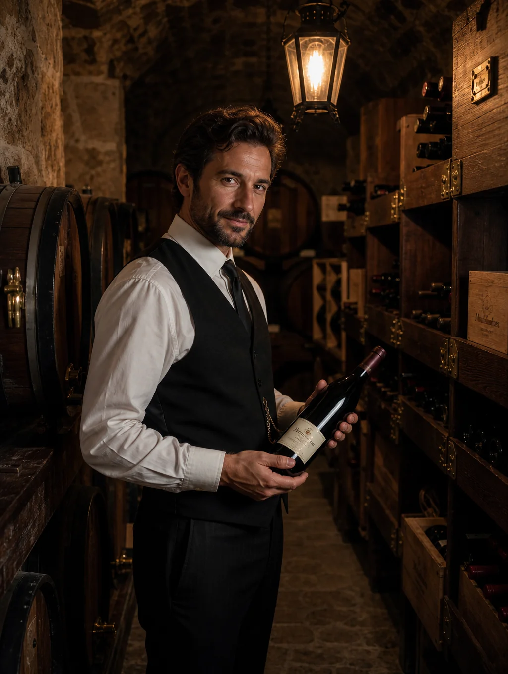 Lead Sommelier Marcus Thorne selecting wines in the cellar